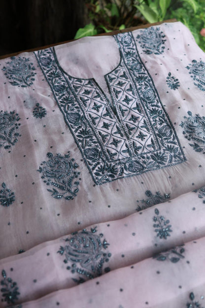 Baby Pink Noor Organza Silk Chikankari Unstitched Kurta Dupatta Set