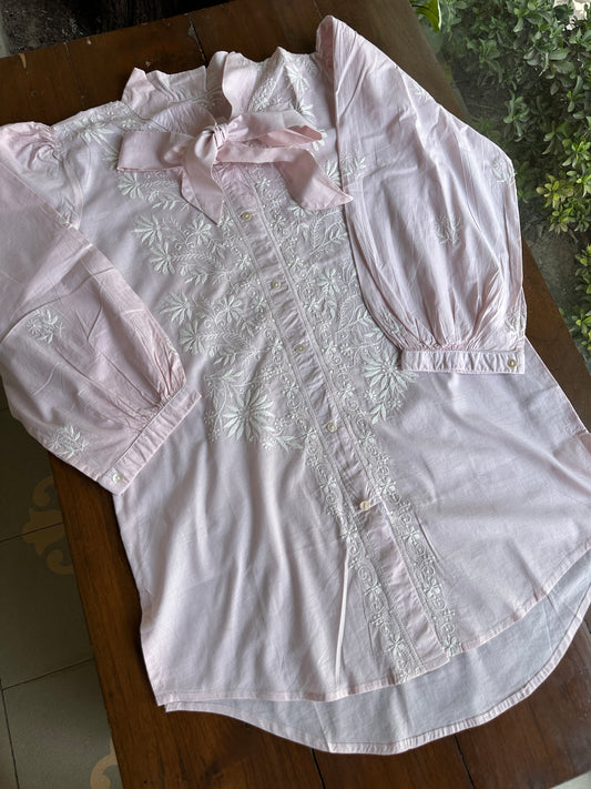Baby Pink Shade Chikankari Short Shirt