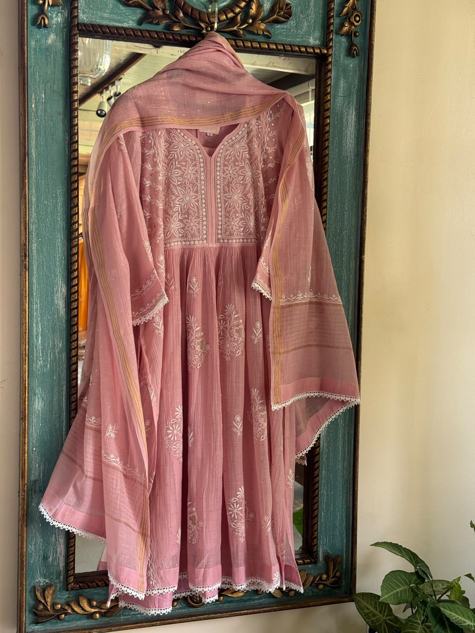 Baby Pink Shade Malmal Tux Chikankari Kamdani Dress Kurta Set
