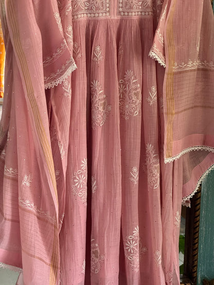 Baby Pink Shade Malmal Tux Chikankari Kamdani Dress Kurta Set