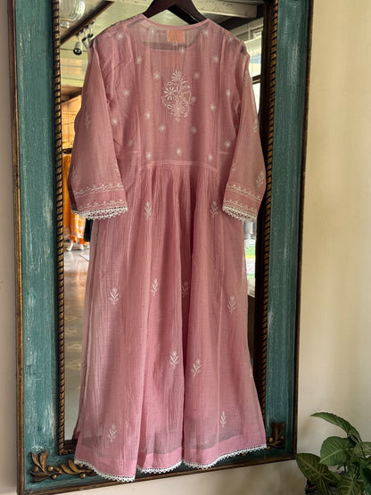 Baby Pink Shade Malmal Tux Chikankari Kamdani Dress Kurta Set