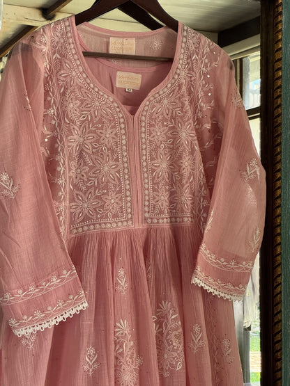 Baby Pink Shade Malmal Tux Chikankari Kamdani Dress Kurta Set