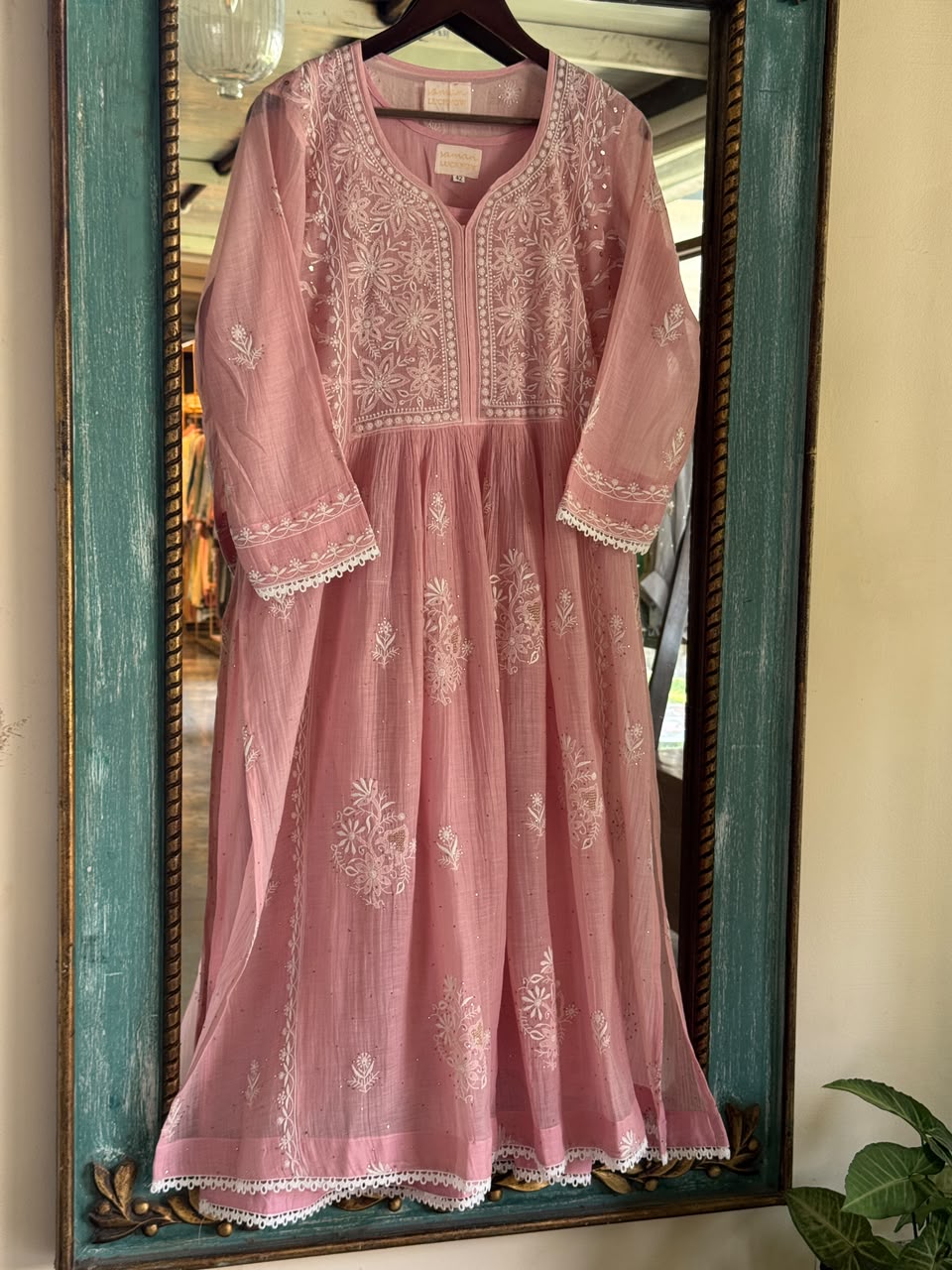 Baby Pink Shade Malmal Tux Chikankari Kamdani Dress Kurta Set