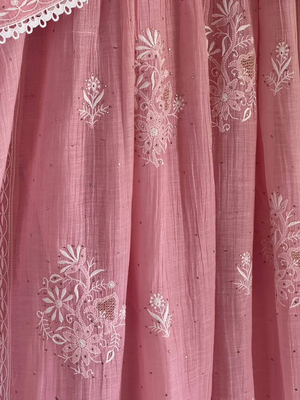 Baby Pink Shade Malmal Tux Chikankari Kamdani Dress Kurta Set