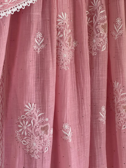 Baby Pink Shade Malmal Tux Chikankari Kamdani Dress Kurta Set