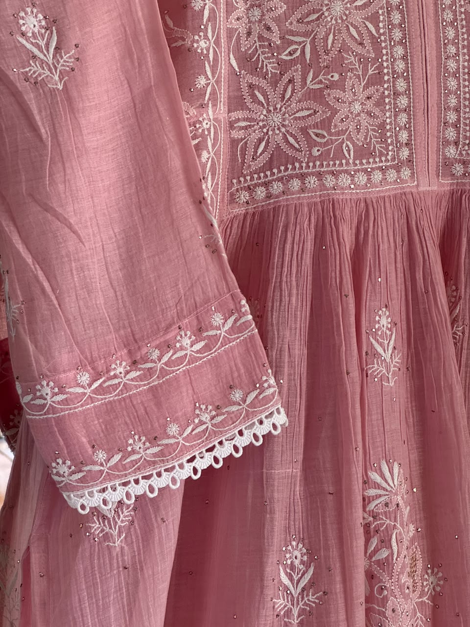 Baby Pink Shade Malmal Tux Chikankari Kamdani Dress Kurta Set
