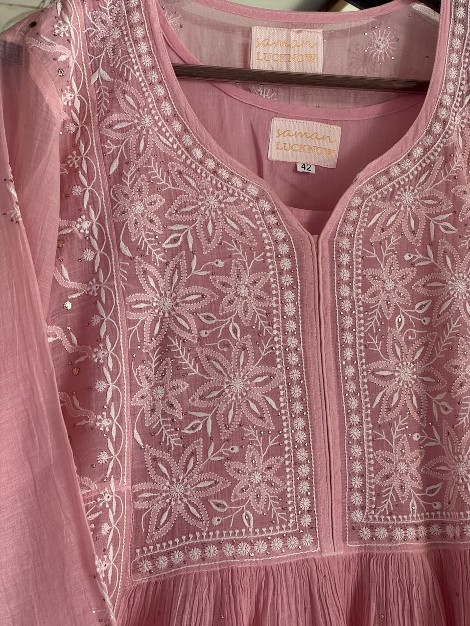 Baby Pink Shade Malmal Tux Chikankari Kamdani Dress Kurta Set