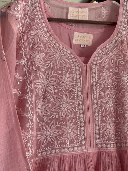 Baby Pink Shade Malmal Tux Chikankari Kamdani Dress Kurta Set