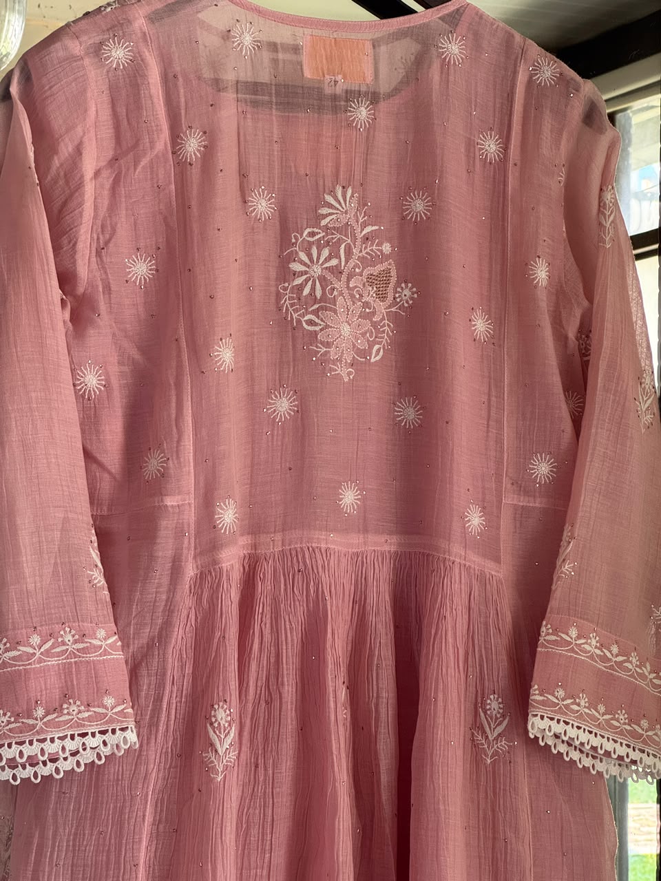 Baby Pink Shade Malmal Tux Chikankari Kamdani Dress Kurta Set