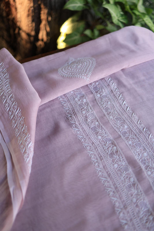 Baby Pink Shade Mulmul Chikankari Unstitched Men's Kurtas Fabric