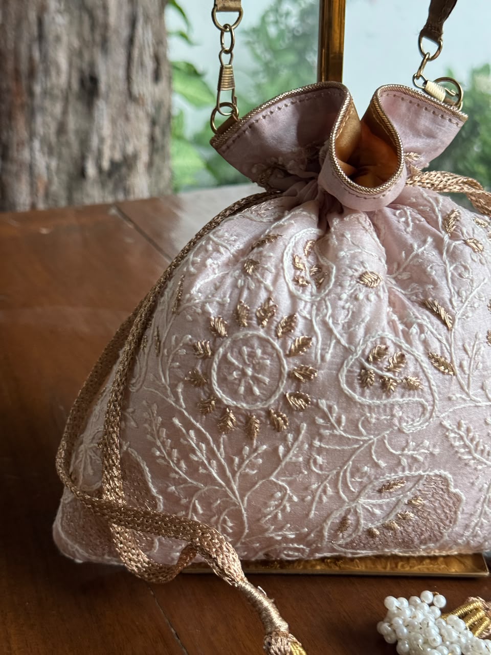 Baby Pink Silk Chikankari Ari & Kasab Work Potli Bag