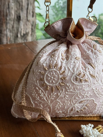 Baby Pink Silk Chikankari Ari & Kasab Work Potli Bag
