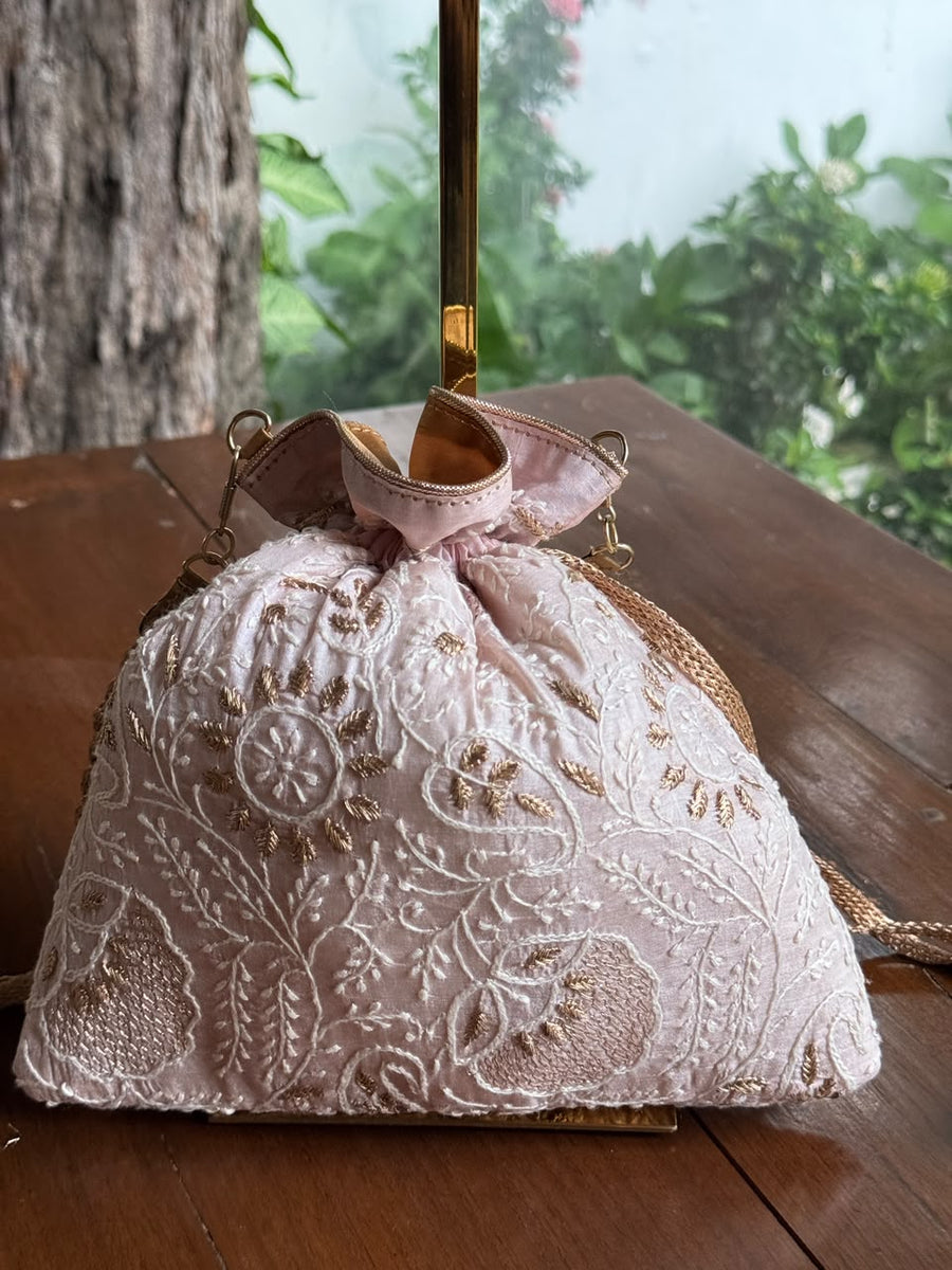 Baby Pink Silk Chikankari Ari & Kasab Work Potli Bag