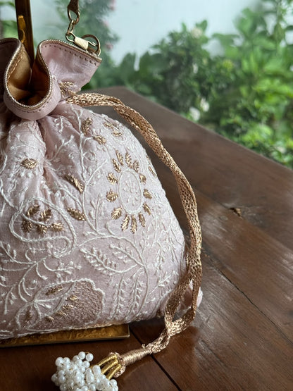 Baby Pink Silk Chikankari Ari & Kasab Work Potli Bag