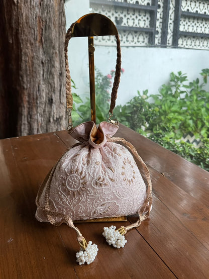 Baby Pink Silk Chikankari Ari & Kasab Work Potli Bag