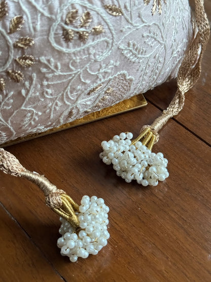 Baby Pink Silk Chikankari Ari & Kasab Work Potli Bag