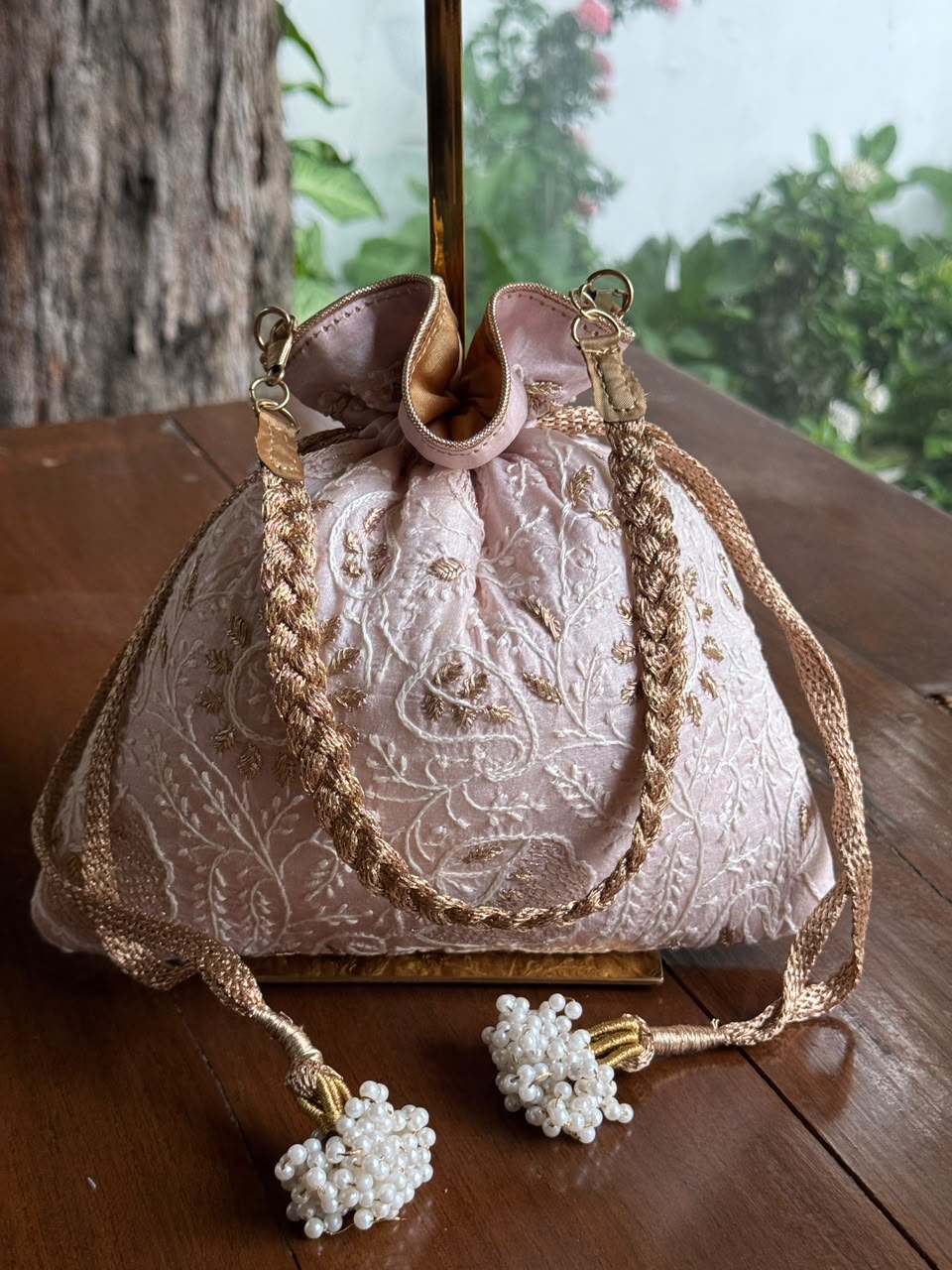 Baby Pink Silk Chikankari Ari & Kasab Work Potli Bag