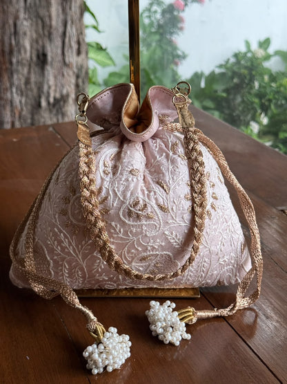 Baby Pink Silk Chikankari Ari & Kasab Work Potli Bag