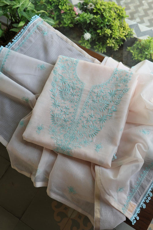 Baby Pink & Sea Green  Kota Chikankari Unstitched Fabric
