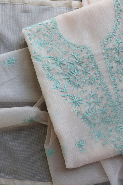 Baby Pink & Sea Green  Kota Chikankari Unstitched Fabric