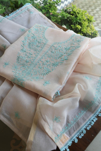 Baby Pink & Sea Green  Kota Chikankari Unstitched Fabric