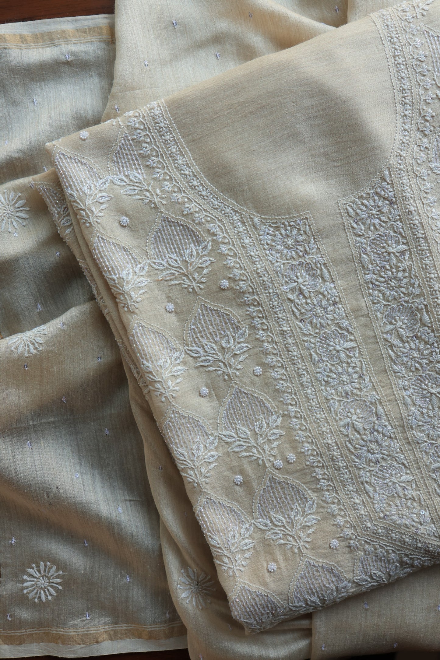 Basak Natural Moonga Silk Chikankari Unstitched Kurta Dupatta Fabric