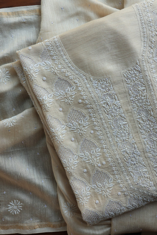 Basak Natural Moonga Silk Chikankari Unstitched Kurta Dupatta Fabric