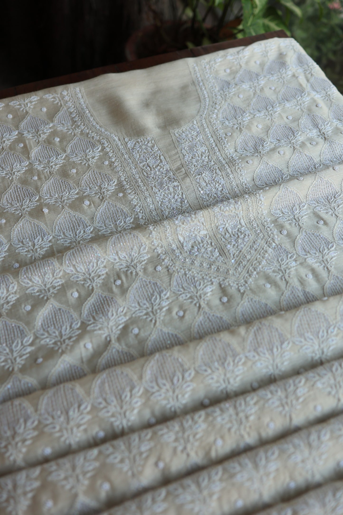 Basak Natural Moonga Silk Chikankari Unstitched Kurta Dupatta Fabric