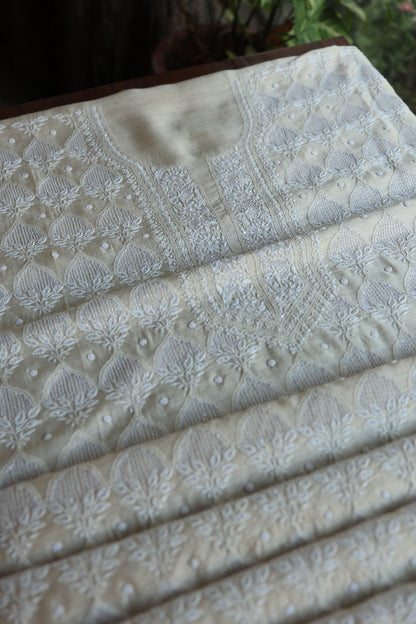 Basak Natural Moonga Silk Chikankari Unstitched Kurta Dupatta Fabric