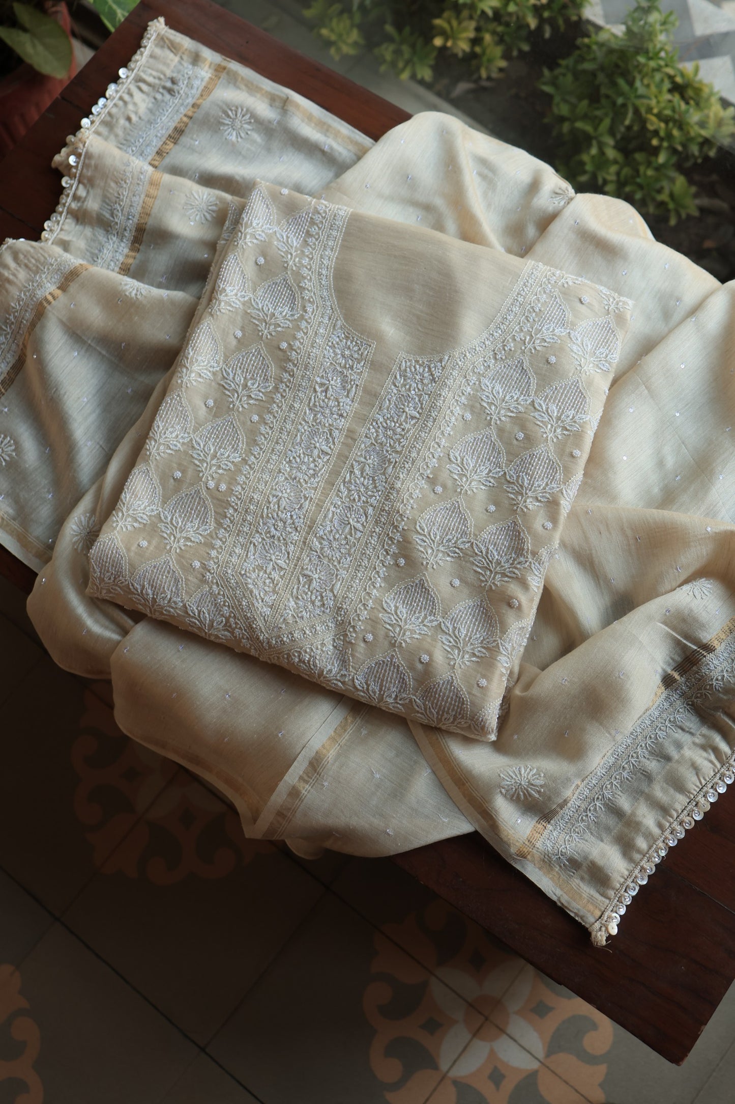 Basak Natural Moonga Silk Chikankari Unstitched Kurta Dupatta Fabric