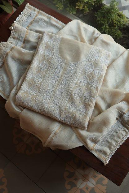 Basak Natural Moonga Silk Chikankari Unstitched Kurta Dupatta Fabric