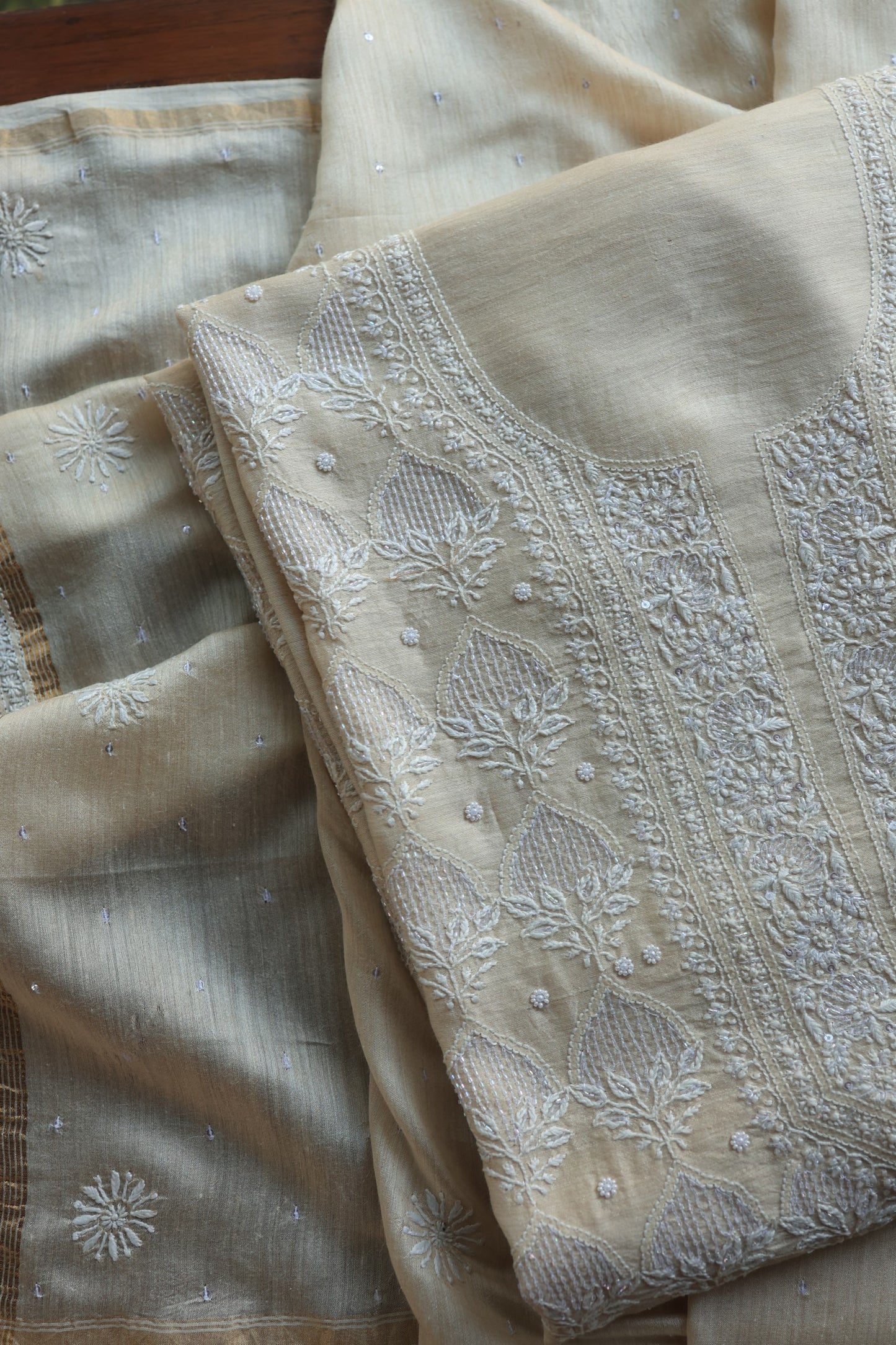 Basak Natural Moonga Silk Chikankari Unstitched Kurta Dupatta Fabric