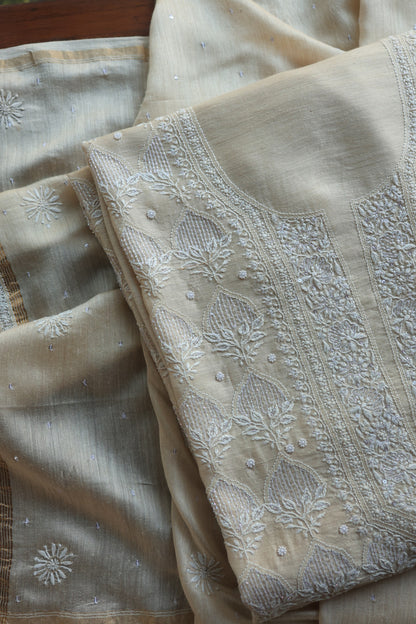 Basak Natural Moonga Silk Chikankari Unstitched Kurta Dupatta Fabric