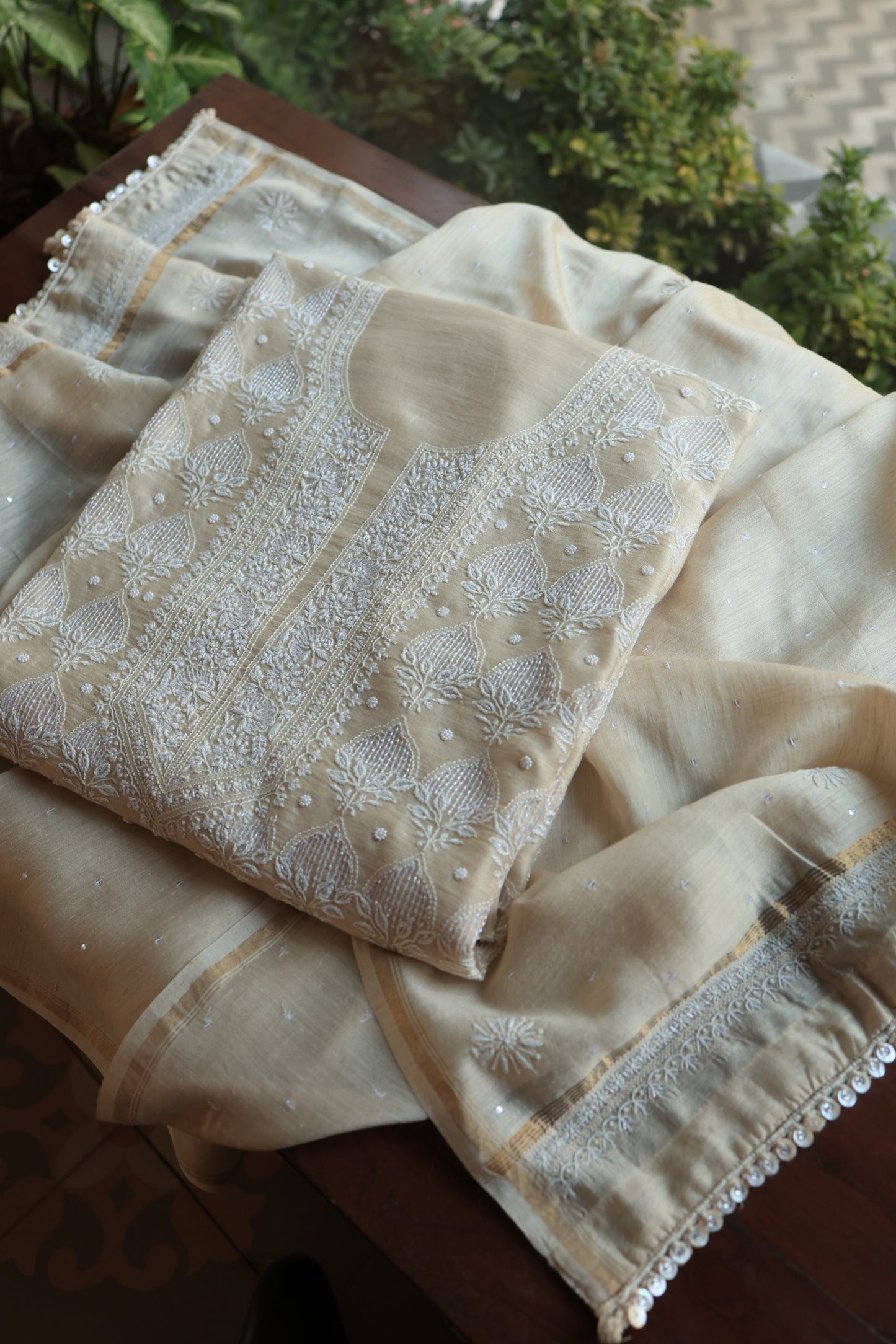 Basak Natural Moonga Silk Chikankari Unstitched Kurta Dupatta Fabric