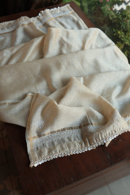 Basak Natural Moonga Silk Chikankari Unstitched Kurta Dupatta Fabric