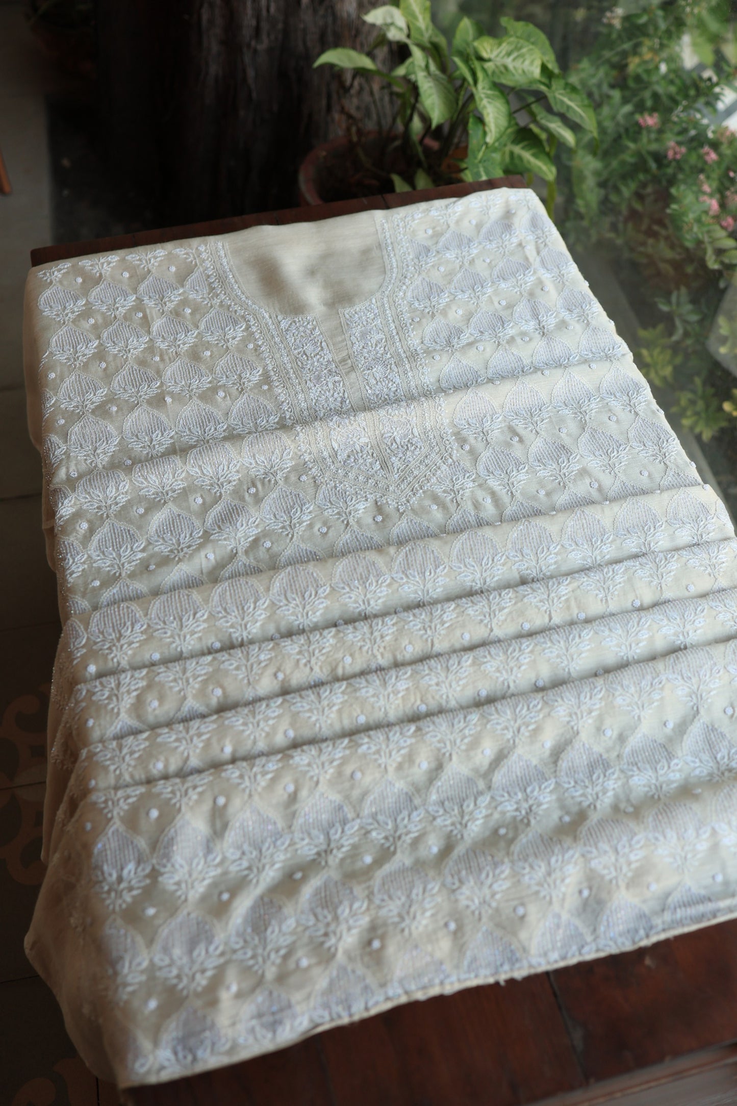 Basak Natural Moonga Silk Chikankari Unstitched Kurta Dupatta Fabric