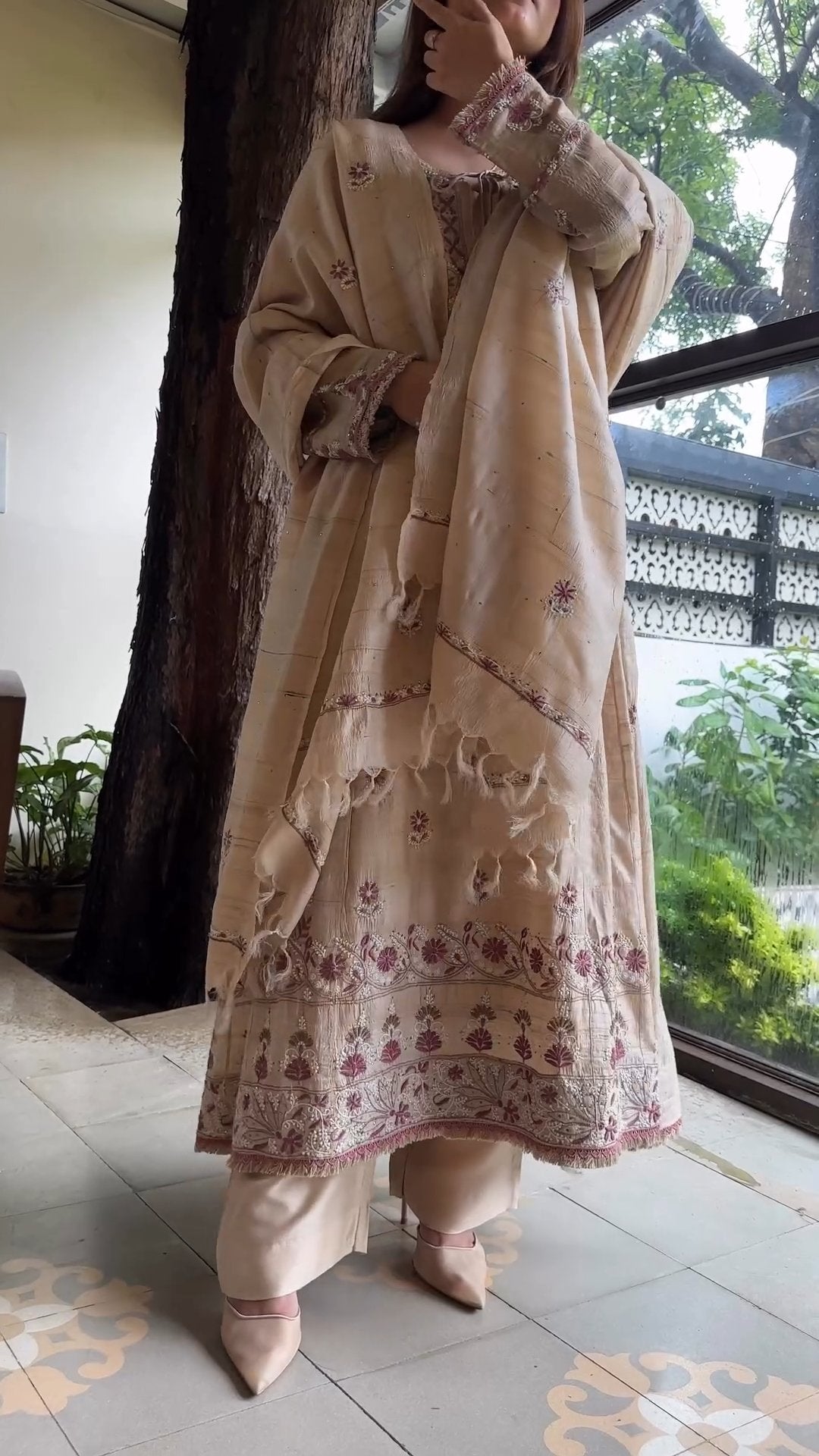 Basak Natural Tussar Silk Kalidar Chikankari Kurta Dupatta Set With Mukaish Kamdani