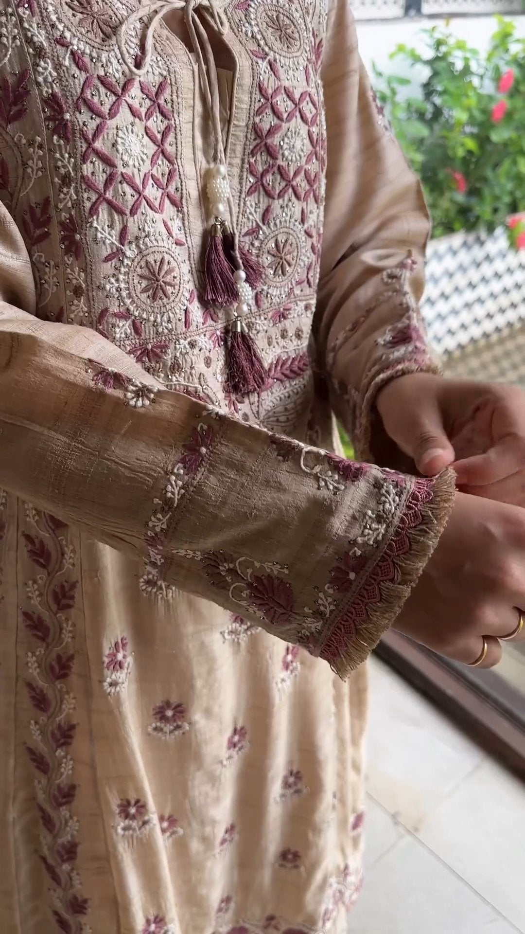 Basak Natural Tussar Silk Kalidar Chikankari Kurta Dupatta Set With Mukaish Kamdani