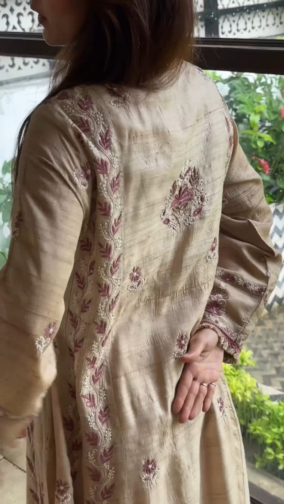 Basak Natural Tussar Silk Kalidar Chikankari Kurta Dupatta Set With Mukaish Kamdani
