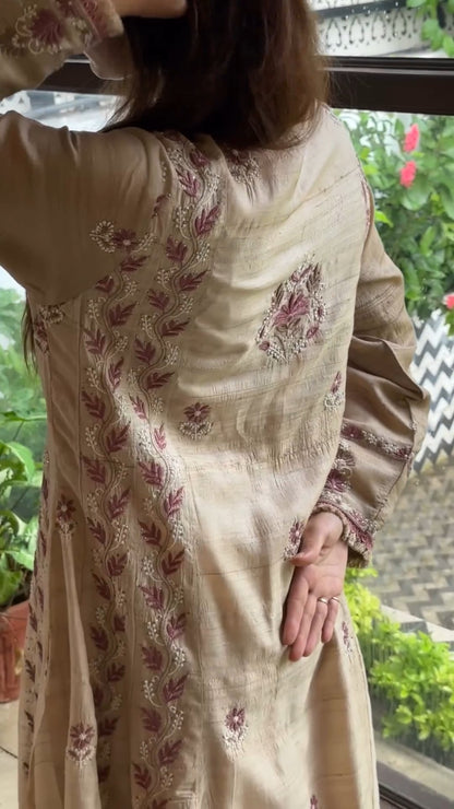 Basak Natural Tussar Silk Kalidar Chikankari Kurta Dupatta Set With Mukaish Kamdani