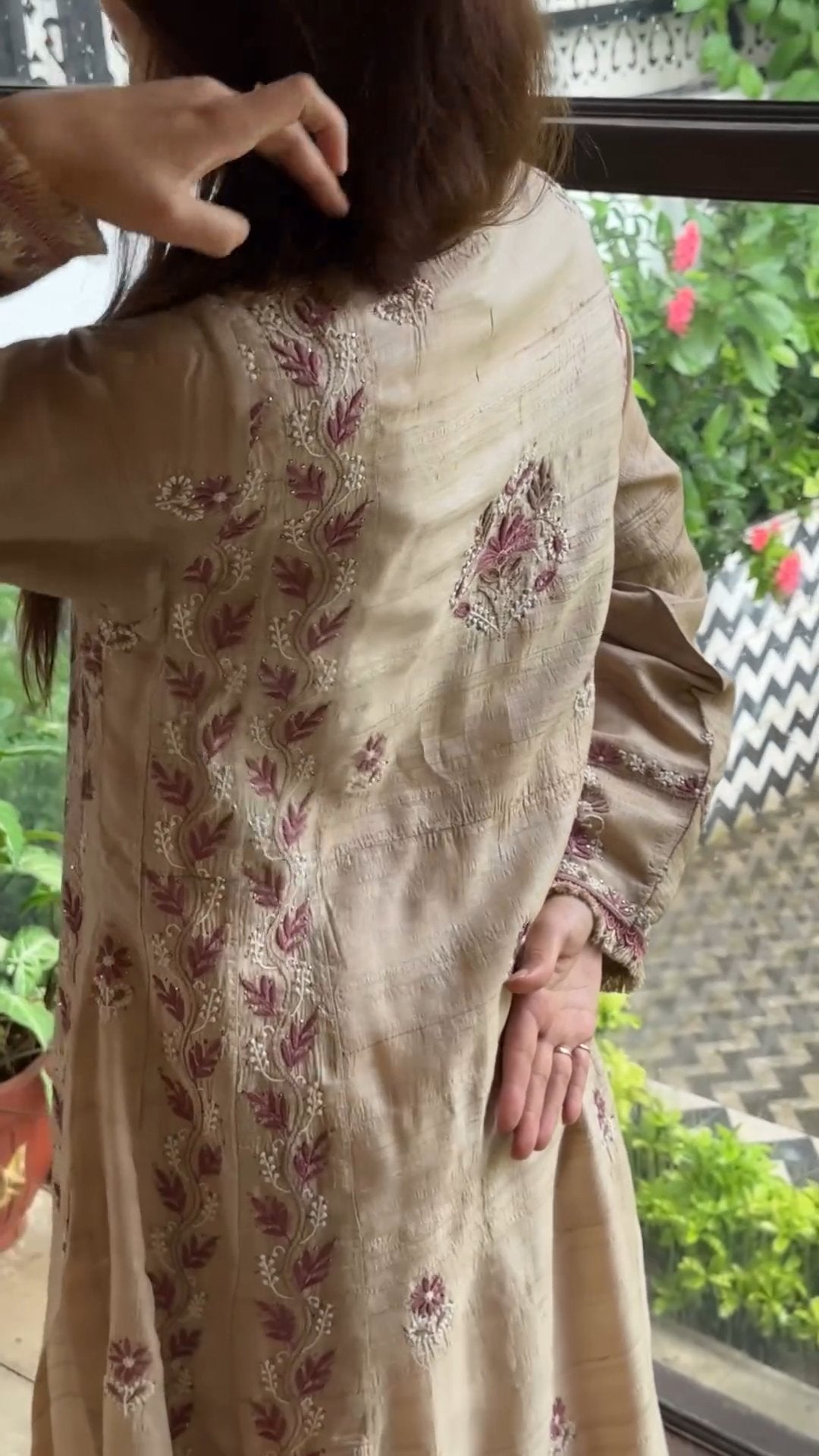 Basak Natural Tussar Silk Kalidar Chikankari Kurta Dupatta Set With Mukaish Kamdani