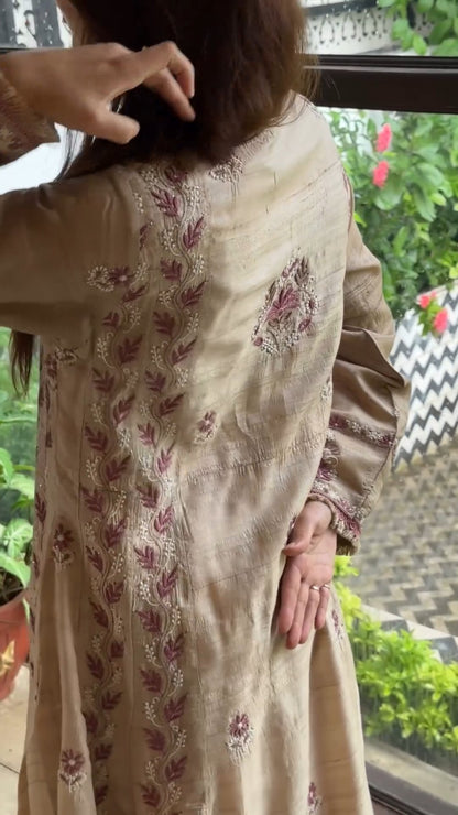 Basak Natural Tussar Silk Kalidar Chikankari Kurta Dupatta Set With Mukaish Kamdani