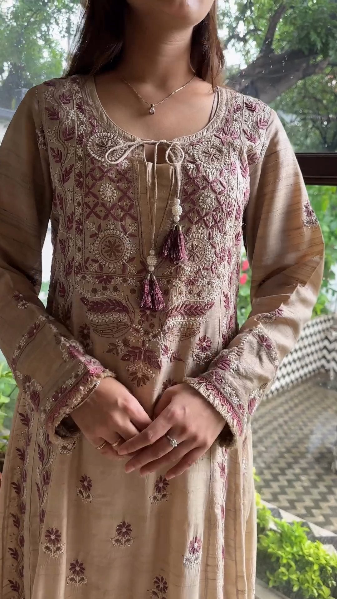 Basak Natural Tussar Silk Kalidar Chikankari Kurta Dupatta Set With Mukaish Kamdani