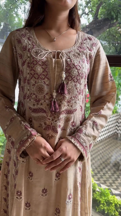 Basak Natural Tussar Silk Kalidar Chikankari Kurta Dupatta Set With Mukaish Kamdani