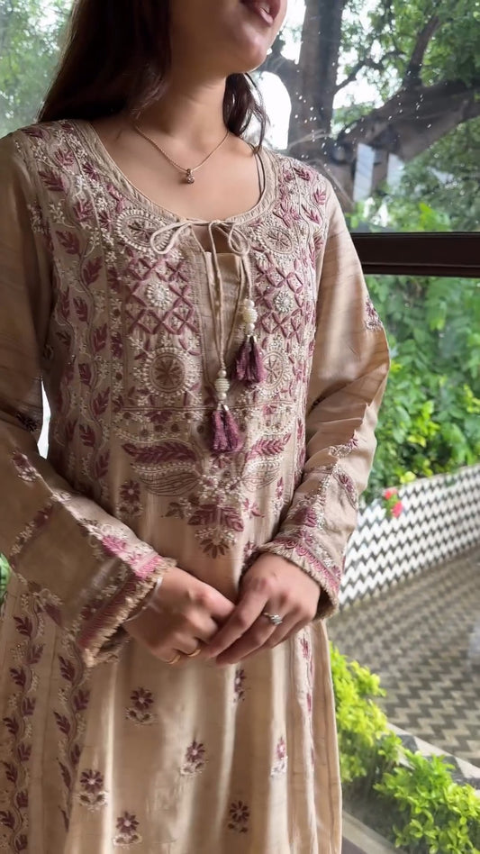 Basak Natural Tussar Silk Kalidar Chikankari Kurta Dupatta Set With Mukaish Kamdani