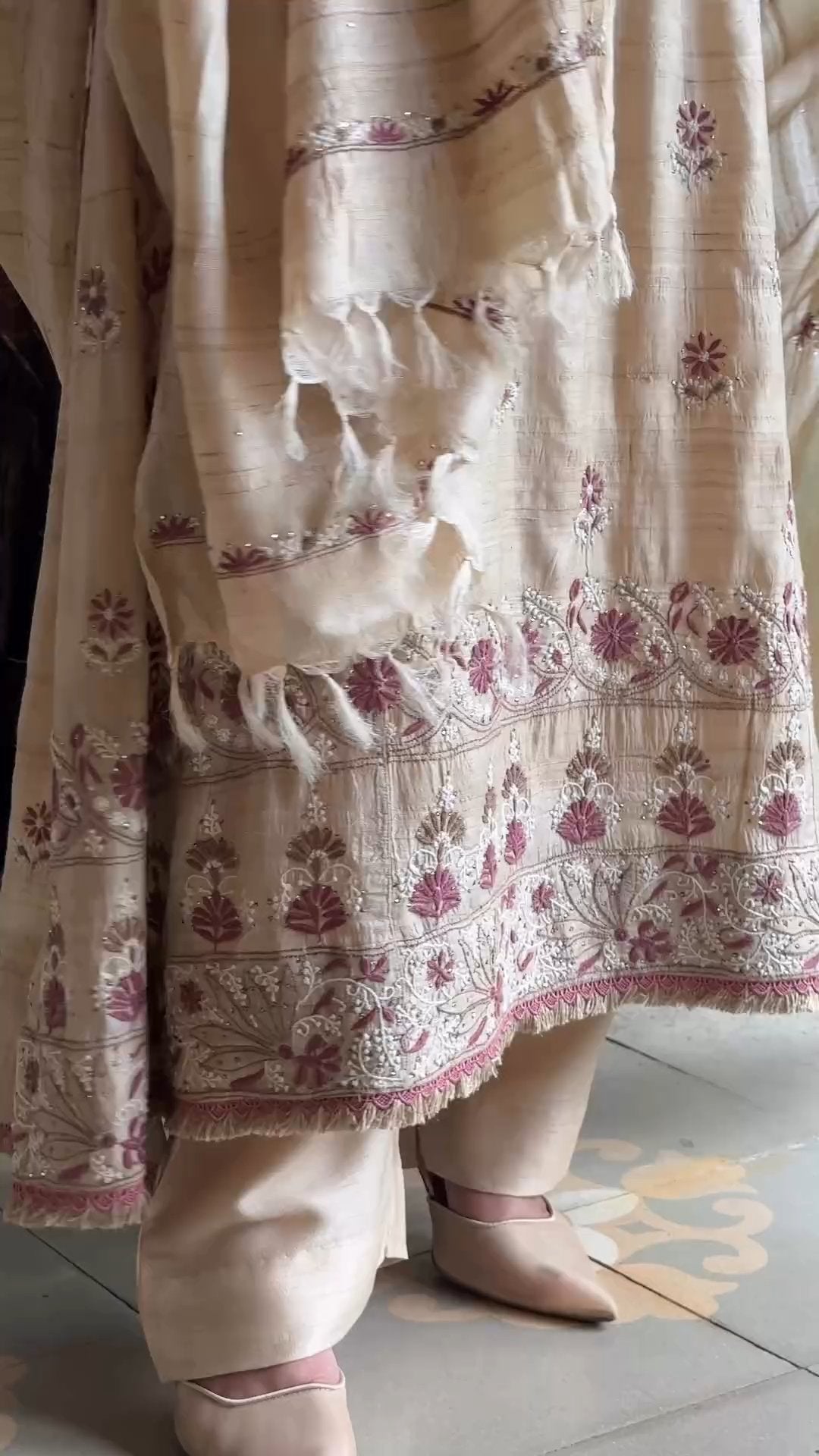 Basak Natural Tussar Silk Kalidar Chikankari Kurta Dupatta Set With Mukaish Kamdani