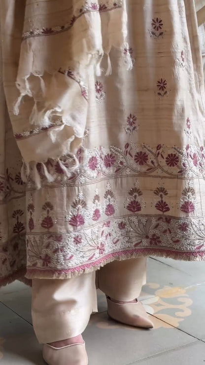 Basak Natural Tussar Silk Kalidar Chikankari Kurta Dupatta Set With Mukaish Kamdani