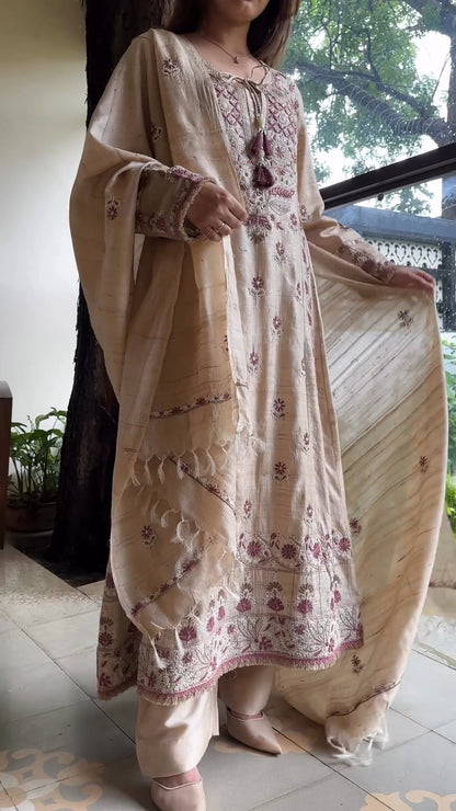 Basak Natural Tussar Silk Kalidar Chikankari Kurta Dupatta Set With Mukaish Kamdani