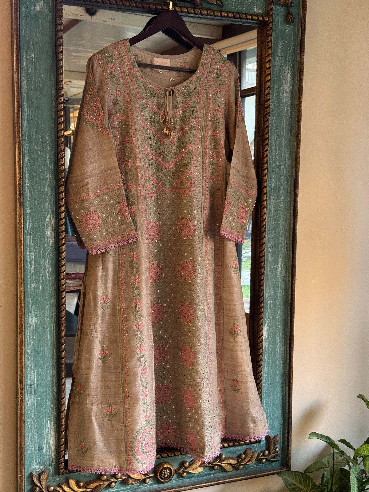 Basak Peach & Green Natural Tussar Silk Kalidar Chikankari Kurta Set