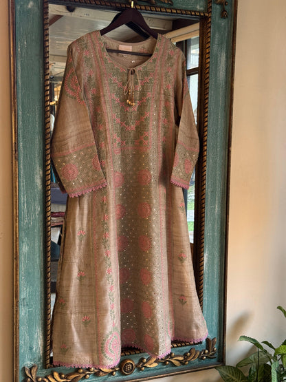 Basak Peach & Green Natural Tussar Silk Kalidar Chikankari Kurta Set